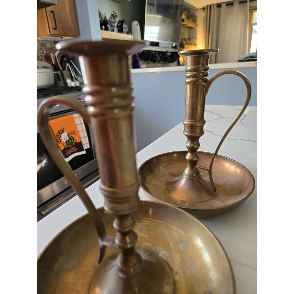Vintage Solid Brass 7" Victorian Farmhouse Country Chamberstick Candle Holder